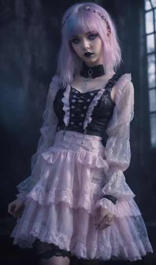 photorealistic concept art, 1girl,nordic Young girl,
Fairy Grunge Fashion Girl,Grunge-Lolita  Fashion, A pixie-cut hair, 
torn girly pastel lace blouse,combat boots,The ethereal glow, metallic accessories, and moody atmosphere create a mystical aura,
Damaged Gothic Lolita long Skirt,lace Skirt,runge elements, her look exudes dark glamour,natural volumetric cinematic perfect light,pastelbg,pastel goth