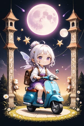 Precise line art, realistic and elaborate pencil drawings,solo, (chibi),fairy tale illustrations,Perfect sky, moon and shooting stars,moon on face, pagan style graffiti art, Kimono girl riding a scooter, hippy van, veichle focus, motor vehicle, Flower,(☆ // purple gradient background),)Star mark hanging on a string:1.2),drawn in the style of a medieval painting,dal-1,lineart,LineAniAF,((Chibi character)),Deformed,FlowerStyle