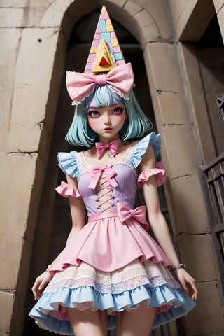 PYRAMID HEAD,An enigmatic humanoid figure,a pyramid-shaped head dons a whimsical and girly fancy fashion ensemble. Adorned in vibrant pastel hues, the outfit features a playful mix of frills, bows, and lace, creating a charming contrast with the unconventional pyramid head. The clothing exudes a sense of fantasy, Prison Background,Prison