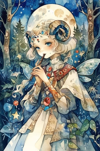 fairy tale illustrations,Simple minimum art, 
myths of another world,Perfect sky, moon and shooting stars,moon on face,
pagan style graffiti art, aesthetic, sepia, ancient Russia,(holy bard),holding an old flute,
A female shaman,(wearing a sheep faced mask:1.2),
Gentle rain, warm sunlight filtering through the leaves, ancient forest,
watercolor \(medium\),jewel pet,acidzlime