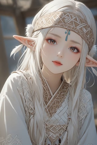  a beautiful Albino elf girl,elf ear, wearing traditional Ainu attire, adorned with intricate embroidery and patterns symbolizing Ainu culture,Clothing embroidered with traditional Ainu patterns,
 Her garments include a dress and apron,Completing her look is a unique headpiece that enhances her beauty,With pride in Ainu culture,Misery Stentrem,Nina Aslato