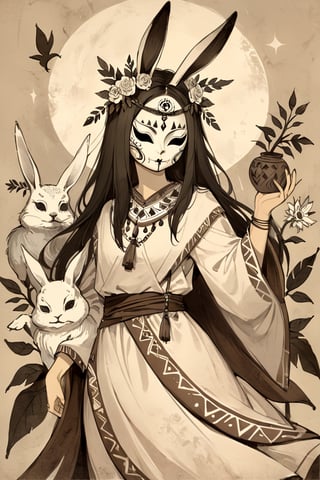 fairy tale illustrations,Simple minimum art, 
myths of another world,
pagan style graffiti art, aesthetic, sepia, ancient Russia,
A female shaman,(wearing a rabbit-faced mask),