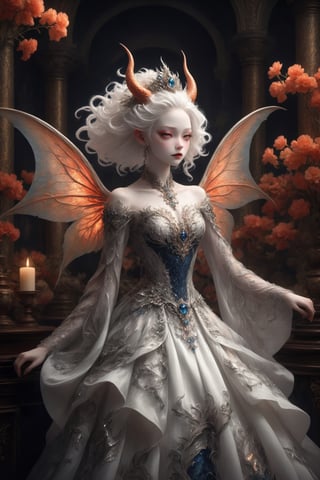 Ultra Realistic,
1 girl, (masterful), albino demon fairy, dark magic, Devil soul, Jinn, Demon, divine, clean skin, particles of lighting, multi color lighting fairy, (demon horns:1.2),
In her elegant attire, the albino demon girl embodies an enchanting blend of dark allure and Rococo refinement,meticulously crafted with cascading layers of lace, features a corseted bodice that accentuates her slender waist. Delicate silver embroidery adorns the edges of the gown, tracing ethereal patterns reminiscent of dragon scales.

The off-the-shoulder sleeves, Each sleeve is intricately detailed with feather-light lacework, resembling the delicate wings of a dragon,
Completing her look, the albino demon girl wears a silver tiara adorned with small dragon-shaped motifs,
A motley and decadent nightclub background,
, ,lis4,cutegirlmix,Christmas Fantasy World,renny the insta girl