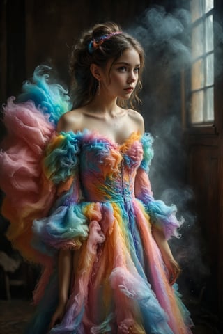 1girl,beautiful Nordic elf,(elf ear), a dress made of seven-colored cotton candy. The gown features layers of fluffy, vibrant hues, blending seamlessly from one color to the next: pink, blue, green, yellow, purple, orange, and red. The bodice is form-fitting, adorned with delicate sugar crystals that sparkle in the light. The skirt is voluminous and airy, resembling clouds of cotton candy, creating a whimsical and enchanting look ,Color Splash,colorful,Nina Aslato
