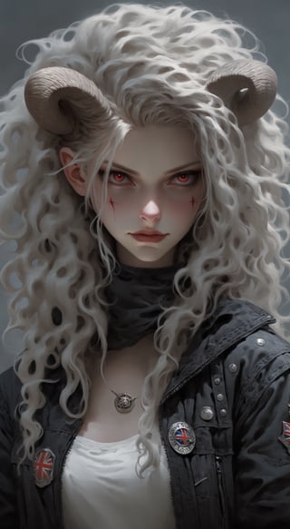 (intricate demon horns:1.2),((cowboy shot:1.2)) ,albino demon girl with enchantingly beautiful, alabaster skin, A benevolent smile,girl has Beautiful deep red eyes,soft expression,Depth and Dimension in the Pupils,
BREAK,
edgy punk rock fashion ensemble, complete with Ratty dreads, More patchs, Crust core, anti union flag design, dirty torn studded leather jacket, hardcore Punk Style jacket, lot Punk badge, dirty black leather pants, dirty long torn leather bootsstuds, and unconventional accessories