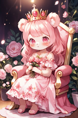 Prompt: Magical POP illustration,cute little Teddy bear,pink loli  dress,Beautiful embroidered dress,furry girl,Deformed,
sitting on the throne,
crown_nikke