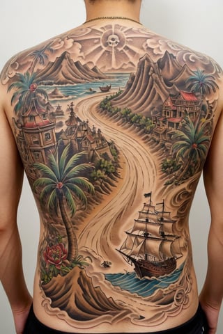 Imagine a detailed pirate treasure map tattooed on someone's back. The tattoo features intricate lines and shading, depicting ancient scroll-like parchment. Key landmarks such as palm trees, mountains, and a winding path lead to an "X" marking the treasure's location, Ships, This vivid and elaborate tattoo transforms the back into a canvas of exploration and hidden riches.,FuturEvoLabTattoo