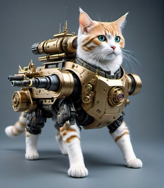 Extreme detailed, ultra Realistic, futuristic, A Munchkin cat with a high-tech Gatling gun on its back, Solo, 1cat, large Gatling gun, fire, high-tech cybernetics Munchkin,((four legs)), ULTRA Real, Realistic cat, military, monster, ,mecha,aw0k cat