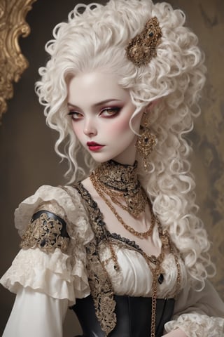 The albino demon girl, is dressed in a captivating blend of Baroque and punk fashion styles. Her attire features ornate Baroque-inspired garments with intricate lace, ruffles, and embellishments, reminiscent of royalty from the Baroque era. However, the traditional elements are juxtaposed with edgy punk accents, such as leather straps, spikes, and chains, adding a rebellious and modern twist to her ensemble. The color palette includes rich jewel tones and metallic hues, enhancing the opulent yet rebellious aesthetic. ,photo_b00ster,ct-niji2
