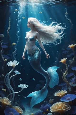 1 girl,In the depths of the ocean, a delicate and ethereal albino mermaid glides gracefully through the azure waters. Her translucent fins shimmer with iridescence as she navigates through a forest of sea anemones, their vibrant tentacles swaying like blossoms in the gentle current. Despite her otherworldly beauty, there's a sense of melancholy about her, as if she's forever searching for something just beyond her reach in the endless expanse of the sea.,underwater