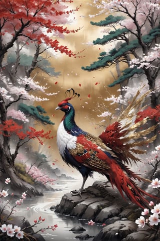 POP culture art based on red and white, Japanese style, gold leaf art materials, beautiful long tale pheasant and pine trees, figurative cherry blossoms,Color Splash,ink,depth of field,ptical osmosis