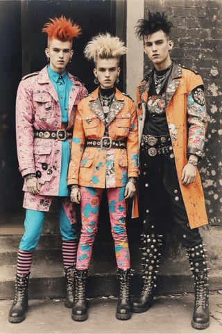 monochrome,male, vibrant and unconventional punk rock fashion, ensembles inspired by kitsch and maximalism, bold prints, clashing colors, oversized jackets decorated with whimsical patches, bright colors Unique accessories such as leggings, thick belts and decorative boots, spike studs,