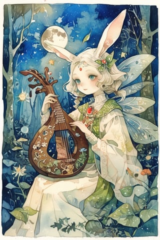 fairy tale illustrations,Simple minimum art, 
myths of another world,Perfect sky, moon and shooting stars,moon on face,
pagan style graffiti art, aesthetic, sepia, ancient Russia,(holy bard),holding an old lute,
A female shaman,(wearing a rabbit-faced mask),
Gentle rain, warm sunlight filtering through the leaves, ancient forest,
watercolor \(medium\),jewel pet,acidzlime