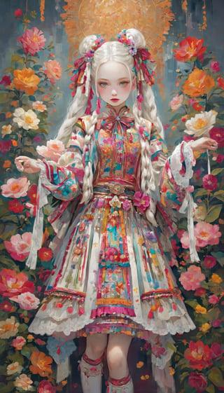 Albino Nordic girl,Pure white long Pigtail hair,
Picture a mesmerizing fusion where the rich heritage of Hmong ethnic attire, intertwines with the enchanting world of Lolita fashion, The garment, a visual symphony, showcases vibrant cross-stitch patterns reminiscent of Hmong craftsmanship, meticulously stitched in an array of colors, dress flows gracefully, embracing the whimsical elegance of Lolita fashion with lace, bows, and layers, creating a harmonious dance of tradition and modernity. Each detail, a brushstroke in this vibrant canvas, tells a story of cultural richness and sartorial fantasy, offering a feast for the eyes that captivates and transcends genres,Flower queen