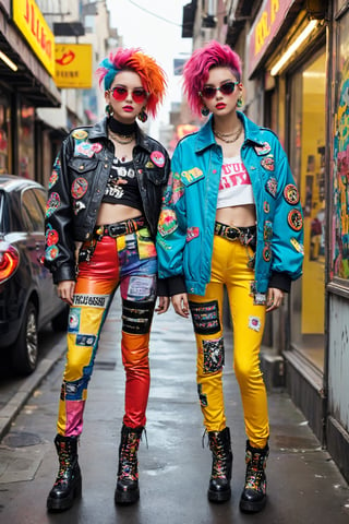 Create a vibrant and unconventional punk rock fashion ensemble inspired by kitsch and maximalism. Imagine bold prints, clashing colors, and exaggerated proportions, embracing the philosophy of more is more. Picture oversized jackets adorned with quirky patches, brightly colored leggings, and statement accessories like chunky belts and embellished boots.