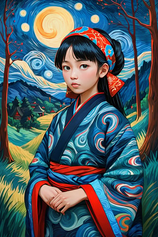 night Forest,A girl, wearing traditional Ainu clothing, depicted in the style of a Van Gogh oil painting. Her attire is rich with intricate patterns and vibrant colors characteristic of Ainu textiles, including a beautifully decorated robe and headband. The brushstrokes are bold and expressive, with swirling textures and dynamic movement reminiscent of Van Gogh's signature style. The background features a natural landscape with vivid, swirling skies and lush greenery, painted in a similarly dynamic and textured manner, enhancing the connection between the girl and her cultural heritage.",Visual_Illustration,ruanyi0715