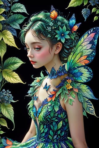 Unbelievably delicate technique, elaborate paper cut-outs,
1girl, Fairy Queen, Beautiful Aesthetic, Intricate Detail, Super Detail, Artistic, Fantastic, Vintage Style, (Cobalt Green, Watercolor),Colorful, Minimal,  (Glamourous Fairy) , Eyelashes, Attractively Athletic, leaf dress, flower, butterfly, plant, (fractal art, colorful pattern, zentangle:1.1) ,sit, ,DonMF41ryW1ng5XL