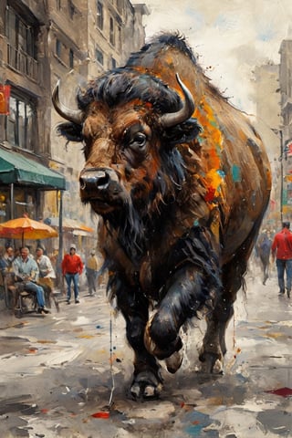 A majestic American bison, vibrant urban canvas inspired by street art. With muscular forelimbs, imagine a creature depicting the American buffalo in a dynamic and lively pose, creating the following impression: Optimize attractive compositions and create attractive, urban artwork. painted world, colorful splash, amazing quality, art station, ink, color splash, it exudes a sense of strength and resilience, embodying the untamed spirit of the wild.,ink,Animal Verse Ultrarealistic 