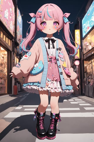 1girl,ultra Realistic,
Harajuku Style grunge fashion with kawaii and Lolita themes. She wears a distressed pastel dress with lace, an oversized torn cardigan, and chunky Combat boots, Her pastel-streaked pigtails are adorned with bows and clips, and her makeup features glitter and heart-shaped stickers. She stands in a vibrant Harajuku street, blending sweetness with a rebellious edge.,Ground Mine Girl