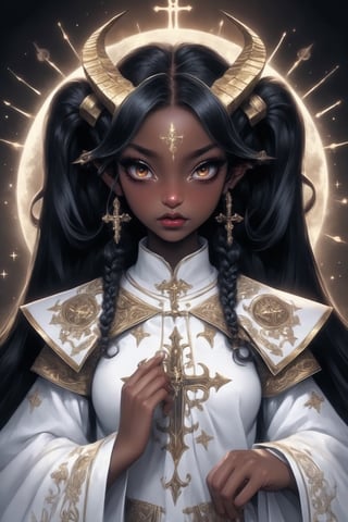 1 girl,supernatural being,(masterful),melanism demon girl,slit pupil eyes,Intricate Iris Details,,ebony skin,pure white pigtails, wearing solemn white and gold ceremonial robes, (majestic bishop's mitre),Envision the pontiff's attire enriched by intricate golden embroidery, sacred symbols,Utra,ellafreya,GothEmoGirl,glitt3r