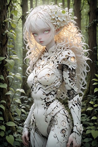 ((Cinematic high quality photo)),mysterious hybrid albino girl,Mechanical albino dryad,pure WHITE floral elements, wandering through an enchanted forest of bioluminescent trees and glowing plants, unique being, with a body covered in lush foliage and intricate gears, has radiant eyes that emit a soft, mesmerizing light, It explores the surreal landscape,
Delicate flowers intertwined,ct-niji2