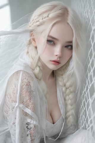 1 girl, albino girl,16 years old,(Pure white long braided pigtails),braided hair, Beautiful iris with high precision,,sexy mesh fishnet blouse,Girl in transparent raincoat,Luxury Room Backdrops ,dal,loukong1,gigantic_breasts