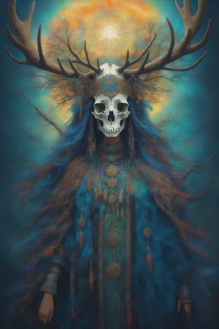 A shaman girl with a large moose skull on her head. The strange decoration of dead branches, the mysterious and brightly colored Celtic shaman costume, and the girl is surrounded by a mysterious aura.,extremely detailed