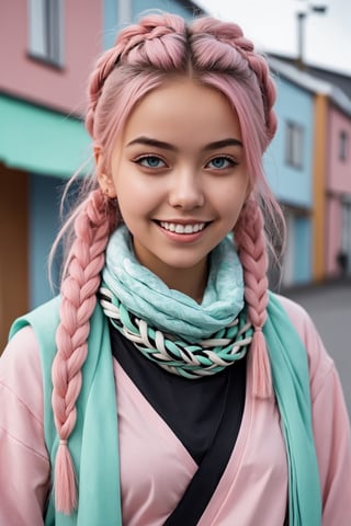Realistic anime, young Scandinavian girl,smile, dressed in urban ninja fashion,　candy colors,traditional pattern scarf,incredibly complex braided hair,wears a sleek and modern ensemble featuring pastel hues such as soft pinks, baby blues and mint greens,Her outfit combines elements of traditional ninja attire with contemporary streetwear,dal,TechStreetwear,photo_b00ster