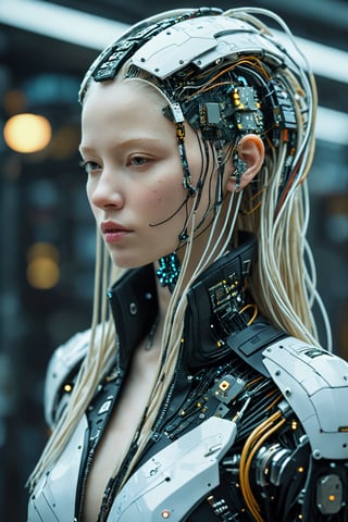 Impressive cyberpunk style art, albino female neuromancer, long hair composed of cables, many wires coming out of her head, high-tech jacket composed of circuit boards, metal parts, prosthetic hands made of high-tech materials
A breathtaking masterpiece, Cyborg