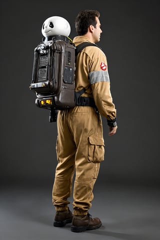 1man,Ghostbusters, brown jumpsuit, ghost-catching device on his back,((He's got his back to us)),((back view))