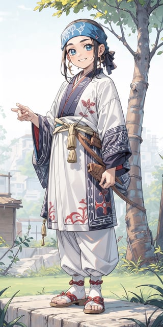 deformed Anime Style,full body,beautiful little girl,12 years old,smile, wearing old traditional Ainu clothingPolish and Japanese half girl, Shabby threadbare worn-out clothes,beautiful crystal blue eyes,Clothing that has deteriorated over time, The outfit consists of a robe-like garment called an 'attush' made from intricately woven fabric, adorned with intricate geometric patterns. She also wears a 'kaparamip' headband with decorative embroidery,The clothing is rich in earthy tones like browns, reds, and greens, reflecting a deep connection to nature,