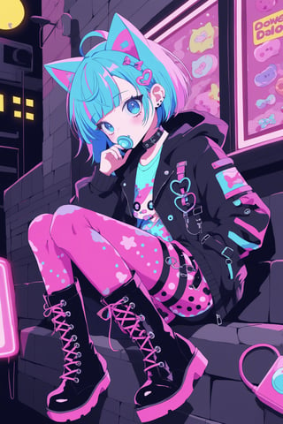 dal-3,vtuber girl,Solo,neon Light bright BODY,(luminous clothing),
cute anime characters,(baby pacifier),
Beautiful blue eyes,asymmetric bangs,candy punk Fashion,cat ear hood,Pastel colored clothes based on blue and pink,Pastel Emo Fashion, Anime Print Shirt,Gothic Style tights, long military boots,,dal-6 style,pink-emo,emo,Visual_Illustration,c0l0urc0r3,neon photography style,Anime girl