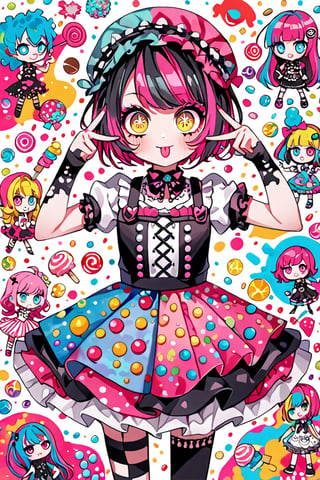 children's doodle style,
Colorful pop art, candy pop, lollipop punk, brightly colored berry beans, emo pink lolita girl,big Eyes,A dress made of jelly and ice cream,double v, tongue out,
 maximalism design,emo,dal-6 style,Color Splash,dramaticwatercolor,aihoshinopose