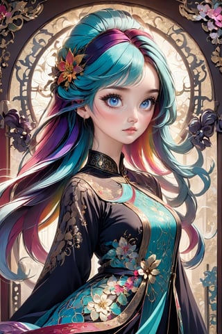 photo realistic,1girl, amazingly intricately hair,((colorful 7color hair)),
Picture an enchanting beauty adorned in a Gothic Art Nouveau-inspired Chinese dress, seamlessly blending the grace of traditional qipao with the intricate details of Gothic and Art Nouveau architecture. Capture the essence of her attire, featuring sleek lines, flowing silhouettes, and ornate embellishments reminiscent of both Gothic and Art Nouveau styles. Illuminate the scene with soft, ethereal lighting to accentuate the beauty of the woman and the intricate details of her dress, evoking a sense of timeless beauty and sophistication.,LinkGirl,ColorART,Rainbow haired girl ,make_3d,3d toon style,Realistic Blue Eyes