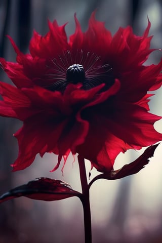 In the depths of darkness, a eerie red flower blooms, its petals glowing with an otherworldly light. Its twisted and jagged petals seem to dance with an unseen wind, casting an ominous glow that illuminates the shadows around it. This mysterious flower, found in the heart of a forbidding forest, is both captivating and unsettling to behold. It exudes an aura of enchantment and danger, as if holding secrets of ancient magic within its crimson petals.