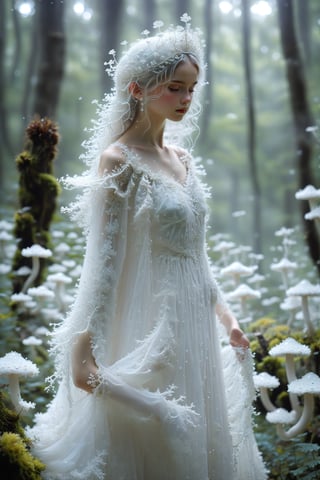  1girl,mushroom princess, in a stunning dress made of pure white slime mold, The ethereal gown flows like fine lace, glistening softly. Her crown, made of delicate mushroom caps, sparkles with tiny glowing spores. Standing in a mystical woodland glade, she embodies nature's elegance and mystery, her living dress swaying gently. The princess exudes purity and enchantment, showcasing the unexpected beauty of the natural world.,mushroomz,water dress