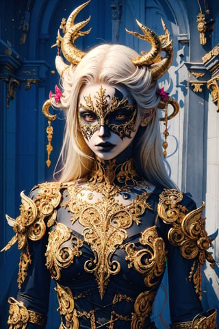 1girl,.albino demon little queen, (long intricate horns), a sister clad in gothic punk attire, face concealed behind a striking masquerade,Gold Embroidery,mask,themed,white_aesthetics,photorealistic,Masterpiece,Realistic,dark fantasy,z1l4,3va,Chromaspots,glowing gold