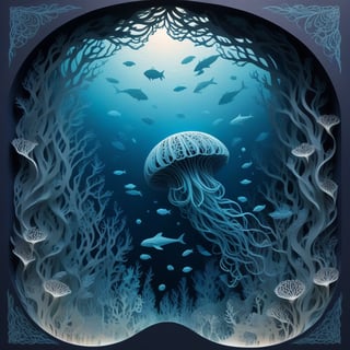 Intricate multi-layered paper cut art, depicting a mesmerizing deep-sea scene. Gradients of blue from navy to aquamarine. Bioluminescent creatures glow in the darkness. Delicate jellyfish tendrils, ornate coral structures, and schools of fish cut in silhouette. Sunbeams pierce through water layers. Textured paper creates depth and shadows. Whale skeleton on seafloor. Bubbles rise between layers. Fine details in tentacles and fins.,papercut