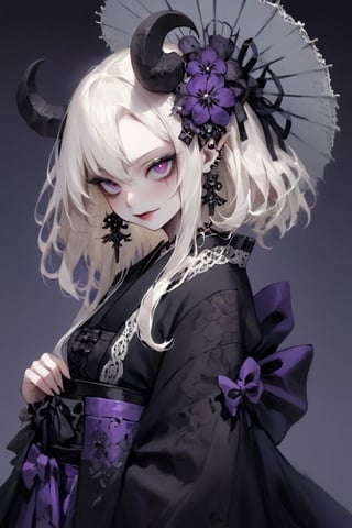 (masterful),(smile),(eyes Squinting:1.2),toothy smile,(radiant smile:1.5),
albino demon little queen, (long intricate horns), a sister clad in gothic punk attire,fusion of traditional Japanese aesthetics and Gothic Lolita fashion, where elegant kimono silhouettes intertwine with the dark allure of Gothic elements. Picture elaborate, lace-trimmed kimonos in deep, rich colors adorned with ornate obis and corseted bodices,Accessories like parasols with lace and ribbons add a Victorian touch. Intricate hairpieces blend traditional tsumami kanzashi with gothic motifs, The color palette leans towards deep purples, blacks, and blood-reds, creating a striking contrast against the delicate fabrics,DonM1i1McQu1r3XL,nocturne,ct-niji2,dal, PERFECT FACE 