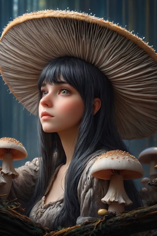 ((Ultra-Detailed)), 1 witch,serene forest scene where a delicate albino mushroom girl,crystal mushroom Head,crystal mushroom, Beautiful blue eyes, soft expression, (heavy black eyeshadow:1.2), 
view from below,Depth and Dimension in the green Pupils, gracefully crystalline cheeks, her attire adorned with intricate pink lace and dark, ethereal fabrics,((mushroom Wizard hat)),
,InkyCapWitchyHat,mushroomz