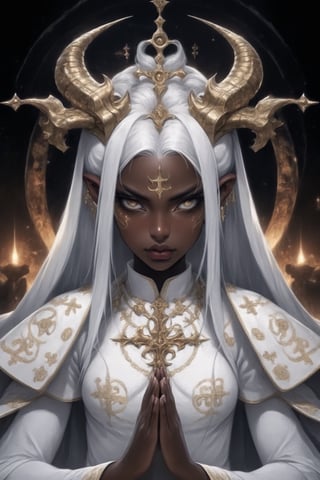 1 girl,supernatural being,(masterful),melanism demon girl,slit pupil eyes,Intricate Iris Details,,ebony skin,pure white pigtails, wearing solemn white and gold ceremonial robes, (majestic bishop's mitre),Envision the pontiff's attire enriched by intricate golden embroidery, sacred symbols,Utra,ellafreya,GothEmoGirl,glitt3r,ani_booster