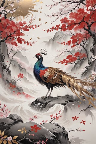 art based on red and white,Traditional Japanese art style,((gold leaf art materials)), beautiful long tale pheasant , figurative cherry blossoms,Color Splash,ink,depth of field,ptical osmosis