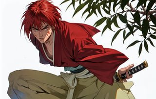 masterpiece, best quality, highres,(Solo:1.2),1boy,young man, battoujutsu, photorealistic,red Hair,short hair,red Japanese Clothes,Kenshin,(Scar on cheek ),action
