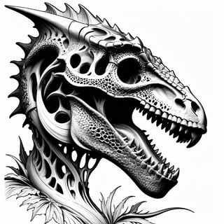 (Line art:1.5), exquisite detail that overwhelms the viewer, intricately intertwined dragon bones, and the skull of a tyrannosaurus,lineart,