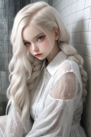 1 girl, albino girl,12 years old,(Pure white long braided pigtails),braided hair, Beautiful iris with high precision,,sexy mesh fishnet blouse,Girl in transparent raincoat,Luxury Room Backdrops ,dal,loukong1,gigantic_breasts