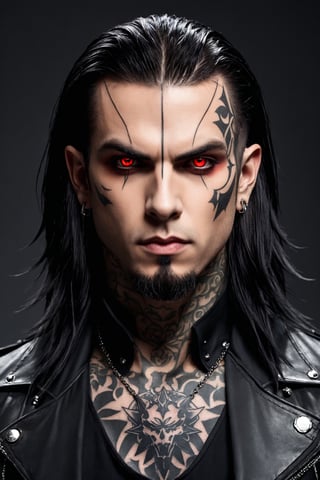 Antagonist Design,1 man,badass man,
Ronnie Radke,
long hair,((tattoo on forehead:1.2)),
A vampire with a beautiful and cool design, ominous red eyes, sickly fair skin, and sharp black armor.,zavy-cbrpn,Watch the World Burn,

