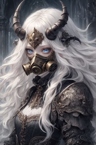 1 girl, (masterful), blur, black_hair, albino demon girl,beauty blue eyes,Intricate Iris Details,heterochromia_iridis,(Gothic style gas mask),(long intricate horns:1.2) ,pure white hair,Wearing Medieval black Knight Armor,Gold carved full plate Armor,
best quality, highest quality, extremely detailed CG unity 8k wallpaper, detailed and intricate, 
,steampunk style,perfecteyes,Christmas Fantasy World,dal