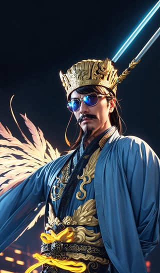 ((20year Man:1.5)), ((1man:1.4)), solid body shape, beautiful shining body,detailed face,moustache,
black hair,((chinese crown)),
(black eyes),high eyes,(neon sunglasses),
Hanfu,old chinese costumes,A fan made of feathers,
whole body,natural light,random Angle,((have a spear)),
((realism: 1.2 )), dynamic far view shot,cinematic lighting, perfect composition, by sumic.mic, ultra detailed, official art, masterpiece, (best quality:1.3), reflections, extremely detailed cg unity 8k wallpaper, detailed background, masterpiece, best quality , (masterpiece), (best quality:1.4), (ultra highres:1.2), (hyperrealistic:1.4), (photorealistic:1.2), best quality, high quality, highres, detail enhancement,((manga like visual)),
In disco,Night club, mirror ball,Party!,
,Zhuge Liang Kongming,ScienceDNAStyle,neon_grid_sunglasses