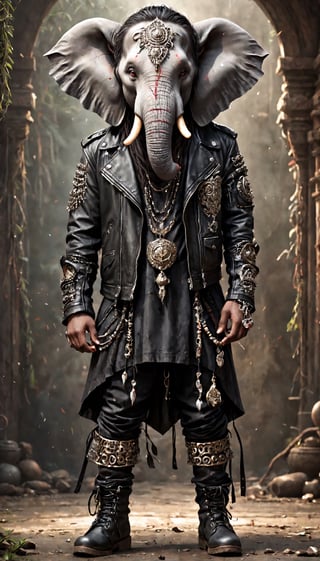 ultra Realistic,Ganesha,elephant Head God, adorned in a modern punk-rock ensemble, wears a tailored black leather jacket featuring intricate silver stud patterns reminiscent of sacred symbols,The jacket complements his long dreadlocks, each strand intricately styled, creating a fusion of divine elegance and rebellious flair. His knee-high boots, embellished with unique motifs, complete the ensemble, seamlessly marrying traditional Hindu symbolism with contemporary punk fashion, in the style of esao andrews,Extremely Realistic,LegendDarkFantasy,Animal Verse Ultrarealistic ,Made_of_pieces_of_bro