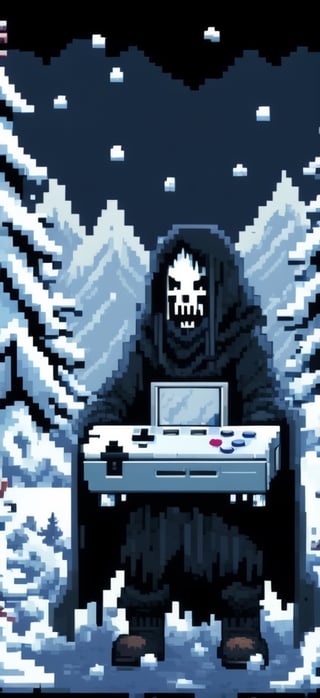 
8bit BLACK Metal band, White painting Face､black coat､(holding large game boy:1.3)､screaming at Snow MOUNTAIN, Leonardo Style , pixel art, ,